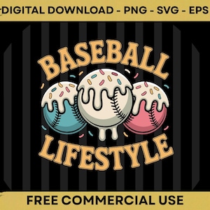 Peut inclure: Conception graphique numérique avec trois balles de baseball avec une garniture de type dessert et des vermicelles. Le texte "BASEBALL LIFESTYLE" est dans une police rétro. Le fond est noir avec des rayures verticales.