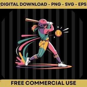 Peut inclure: Illustration colorée d'une joueuse de softball en train de frapper la balle avec une batte. La joueuse porte un casque et un uniforme aux tons de turquoise, de jaune et de rose. Une balle de softball est en l'air, avec des éclairs colorés émanant de la joueuse. Le texte "TÉLÉCHARGEMENT NUMÉRIQUE - PNG - SVG - EPS" et "UTILISATION COMMERCIALE GRATUITE" est inclus.