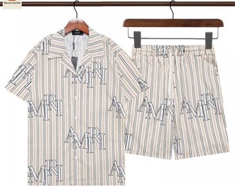 Conjunto de verano estilo Amiri, camisa a rayas y pantalones cortos, atuendo coordinado para hombre, ropa de vacaciones.