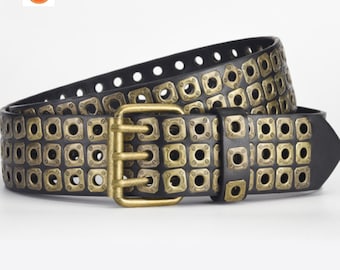 Black Leather Gothic Belt: Studded Cross & Shield Punk Waist Belt
