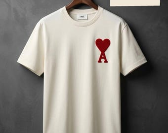 Ami Paris Heart Logo T-Shirt, Minimal Red Heart A Tee, Unisex Designer Inspired Shirt