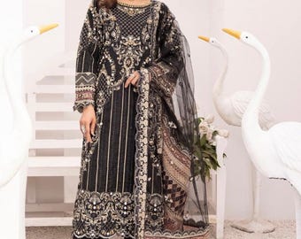 Hand Embroidered Black Net Formal Dress: Stitched Suit with Dupatta