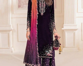Margentta Velvet Pakistani Dress: Hand-Embroidered Raw Silk Trouser