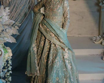 Hand Embroidered Elaf Green Net Maxi Dress: Stitched Suit with Silk Trouser