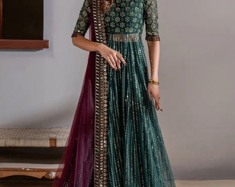 Hand Embroidered IZNIK Green Net Formal Dress: Stitched Suit with Silk Trouser