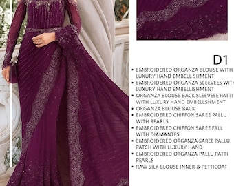 Margentta Chiffon Pakistani Saree: Hand-Embroidered Raw Silk Trouser