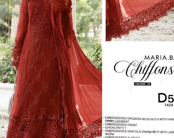 Red Chiffon Pakistani Dress: Hand-Embroidered Raw Silk Trouser