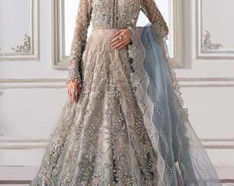 Hand Embroidered Pyazi Net Formal Dress: Stitched Suit with Dupatta
