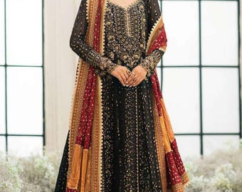 Black Chiffon Aik Atelier Pakistani Frock: Hand Embroidered Sequin Formal Wear