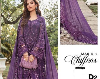 Purple Chiffon Pakistani Dress: Hand-Embroidered Raw Silk Trouser