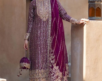 Margentta Chiffon Pakistani Dress: Hand-Embroidered Raw Silk Trouser