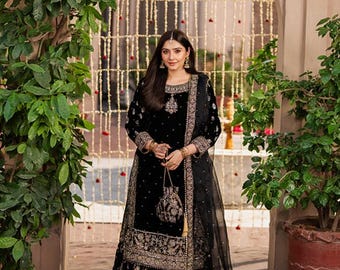 Black Chiffon with Malai Trouser: Pakistani Dress Sequence Formal Wear