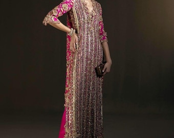 Hand-Embroidered Pink Raw Silk Pakistani Dress: Sana Safinaz