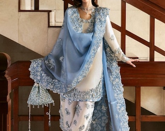Handbesticktes weißes Seidenkleid Pakistani: Hussain Rehar