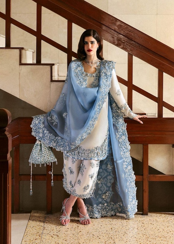 hussain rehar ice blue dress Hand-Embroidered White Raw Silk Pakistani Dress: ALL PRODUCTS Vintage 90s Tie Dye Size:Plus 18-20