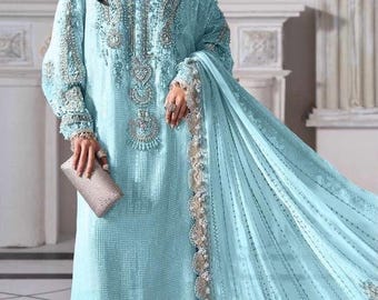 Embroidered Chiffon Suit with Sequins & Adda Work | Maria B Firozi Inspired Pakistani Dress