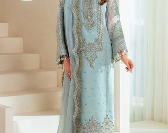 Alizeh Luxus-Organza-Anzug mit Stickerei | Handverziertes pakistanisches Hochzeitskleid (genäht)