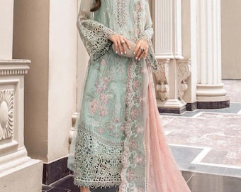 Mintgrünes halb reines Chiffon Pakistan Kleid: Handbestickte Malai Krepp Hose
