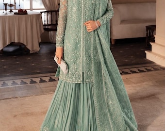 Soraya handbesticktes mintgrünes Organza-Kleid, Hose aus Crush-Seide und Organza-Dupatta