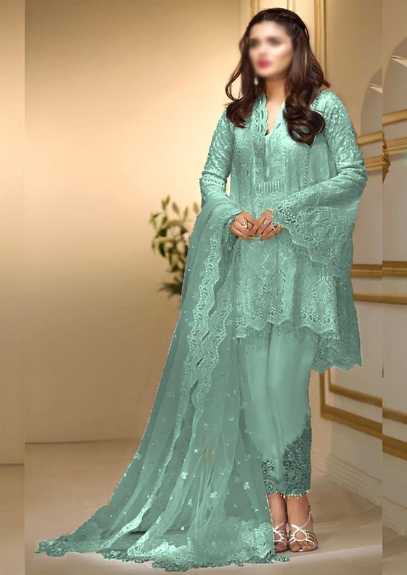 Hand Embroidered Green Net Formal Dress: Stitched Suit with Dupatta