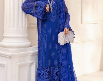 Royal Blue Chiffon Pakistani Dress: 3D embroidered Malai Trouser