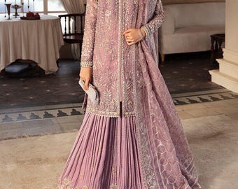 Soraya Hand Embroidered Peach Organza Dress Crush Silk Trouser & Organza Dupatta