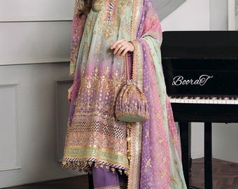 Baroque Inspired Chiffon Suit | Sequin Adda Work Pakistani Designer Style Formal Wear Silk Trouser