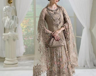 Coffee Chiffon Pakistani Dress: Hand-Embroidered Malai Trouser