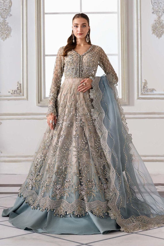Hand Embroidered Pyazi Net Formal Dress: Stitched Suit with Dupatta