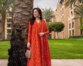 Embroidered Lawn Anarkali Dress with Chiffon Dupatta | Pakistani Wedding Eid Wear Stitched Unstitched