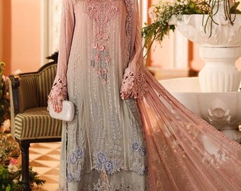 Maria B Chiffon-Anzug, aufwendige Paillettenstickerei, Batikmuster, fertiger Dupatta