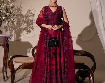 Faiza Saqlain Inspired Silk Maxi Dress with Sequins Embroidery and Net Dupatta