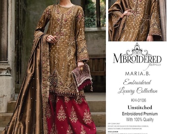 Hand-Embroidered Golden Sheesha Silk Pakistani Dress: Maria B