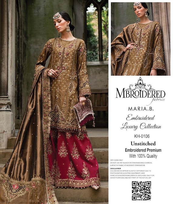 Hand-embroidered Golden Sheesha Silk Pakistani Dress: Maria B