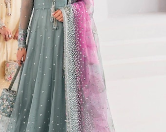 JAZMIN Chiffon-Maxikleid, paillettenbesticktes pakistanisches Partykleid, Netz-Dupatta, Seidenhose