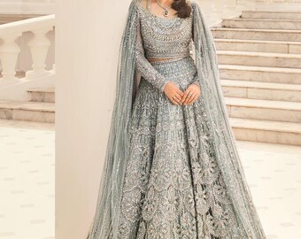 Braut-Lehenga-Choli in Mintgrün, Zardozi-Stickerei, Netz-Dupatta (genäht/ungenäht)