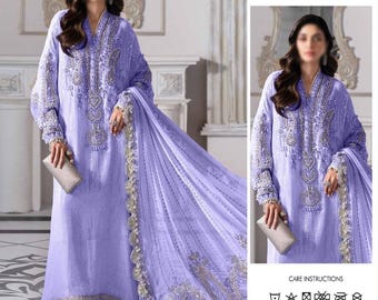 Embroidered Chiffon Suit with Sequins & Adda Work | Maria B Purple Inspired Pakistani Dress