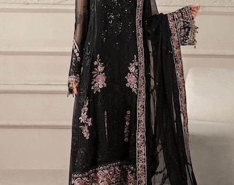 Black Chiffon Pakistani Dress: Hand-embroidered Malai Trouser