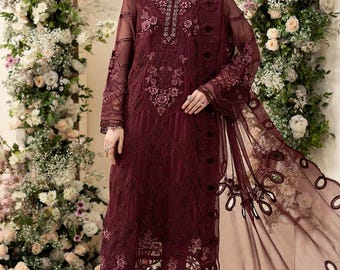 Mehroon Chiffon Pakistani Dress: Hand-Embroidered Malai Trouser
