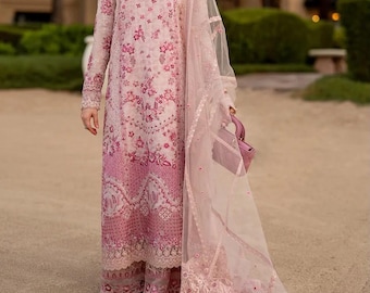 Faiza Saqlain Aya Babyrosa Lawn-Anzug, Chikankari-Stickerei, Organza-Dupatta (festliche Kleidung)