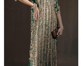 Handbesticktes grünes Seidenkleid Pakistani: Sana Safinaz