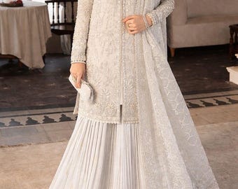 Soraya Hand Embroidered White Organza Dress Crush Silk Trouser & Organza Dupatta