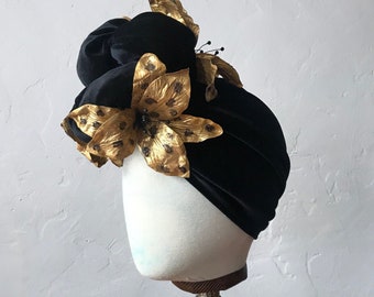 Vintage 1940's style Black Velvet Turban  with Gold leopard Lilies ~ Carmen Miranda ~ 1940's Headband - Pinup Rockabilly Hair Accessory