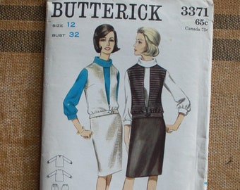 Butterick 3371 - 1960's Jacket Blouse & Skirt Pattern - Cowl collared blouse - Size 12 Bust 32 - Uncut and complete