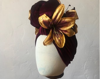 Vintage 1940's style Burgundy Velvet Turban Headband with Gold Glitter Orchids ~ Carmen Miranda   - Pinup Rockabilly Style Hair Accessory