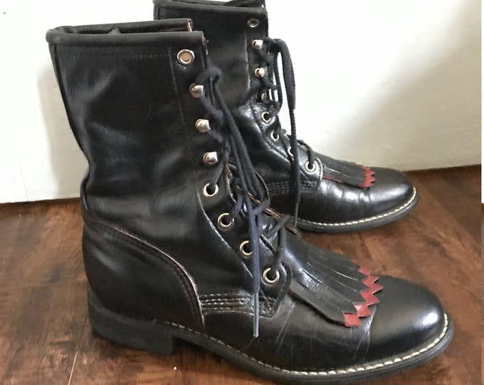 Vintage Laredo Black Leather Roper Lace up Boots With Red and Black ...