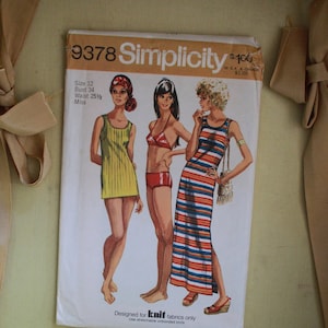Simplicity 9378 - 1970&#39;s Bikini and Beach Dress Pattern - Sheath Dress in Two Styles - Size 12 bust 34 - Cut and Complete