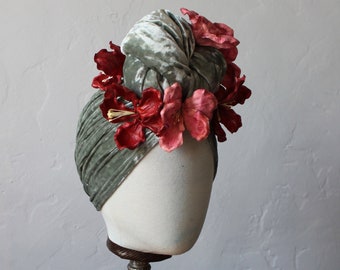 Vintage style Sage Green Velvet Turban Headband with Pink & red Glitter Orchids ~ Carmen Miranda ~ 1940's  - Pinup Rockabilly Hair Accessory