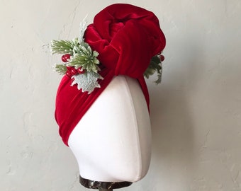 Vintage style Red Velvet Christmas Turban Headband with Holly berries ~ Carmen Miranda ~ 1940's Turban - Pinup Rockabilly  Hair Accessory