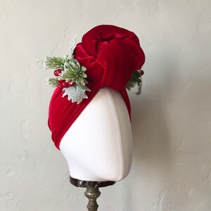 Vintage style Red Velvet Christmas Turban Headband with Holly berries Carmen Miranda 1940's Turban Pinup Rockabilly Hair Accessory image 1